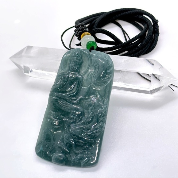 GRADE A Burmese Jadeite Jade Dragon & Kwan Yin Bodhisattva Hand Carved Pendant - Picture 1 of 12